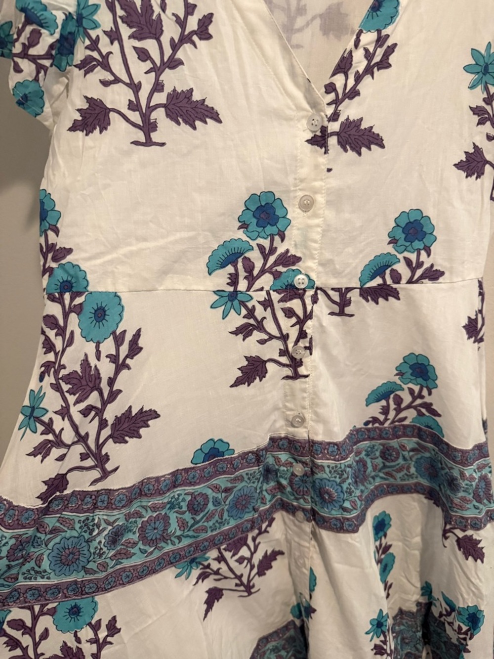 Victoria Dunn Long Maxi Dress White Blue Flowy Block Print Size Small Boho - Picture 11 of 13
